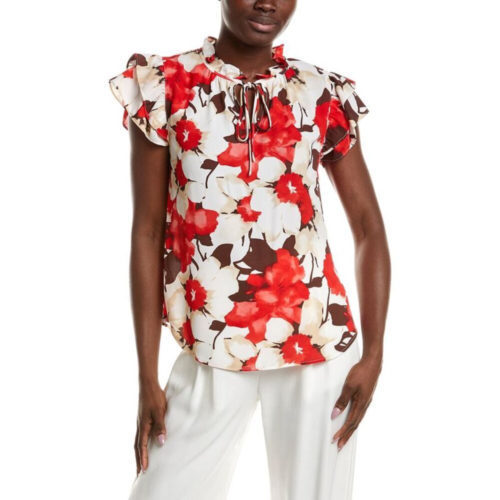 Anne Klein Womens Ruffle Sleeve Tie Blouse, White